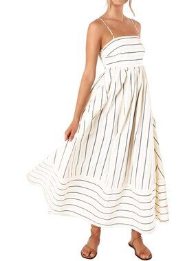 Women's Beige Summer Maxi Spaghetti Strap Striped Long Dresses Vacation Beach